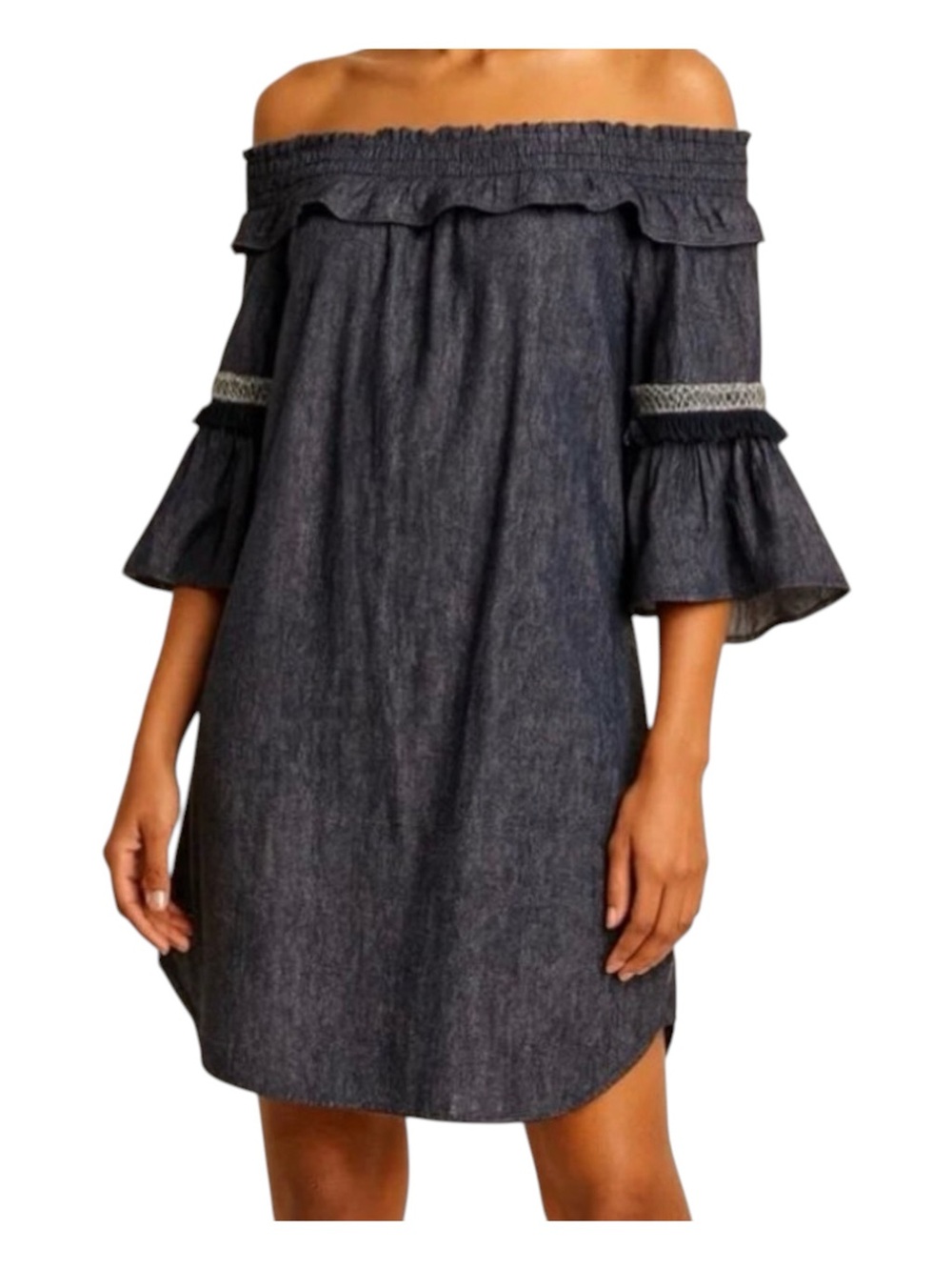 Hope & Harlow Linen Blend Denim Dress Sz 6 Off Shoulder Bell Sleeve Fringe NWT